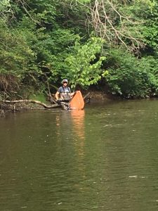 A volunteer during a July 16 cleanup of the Clinton River near Rochester Hills wades in the water searching for trash. 